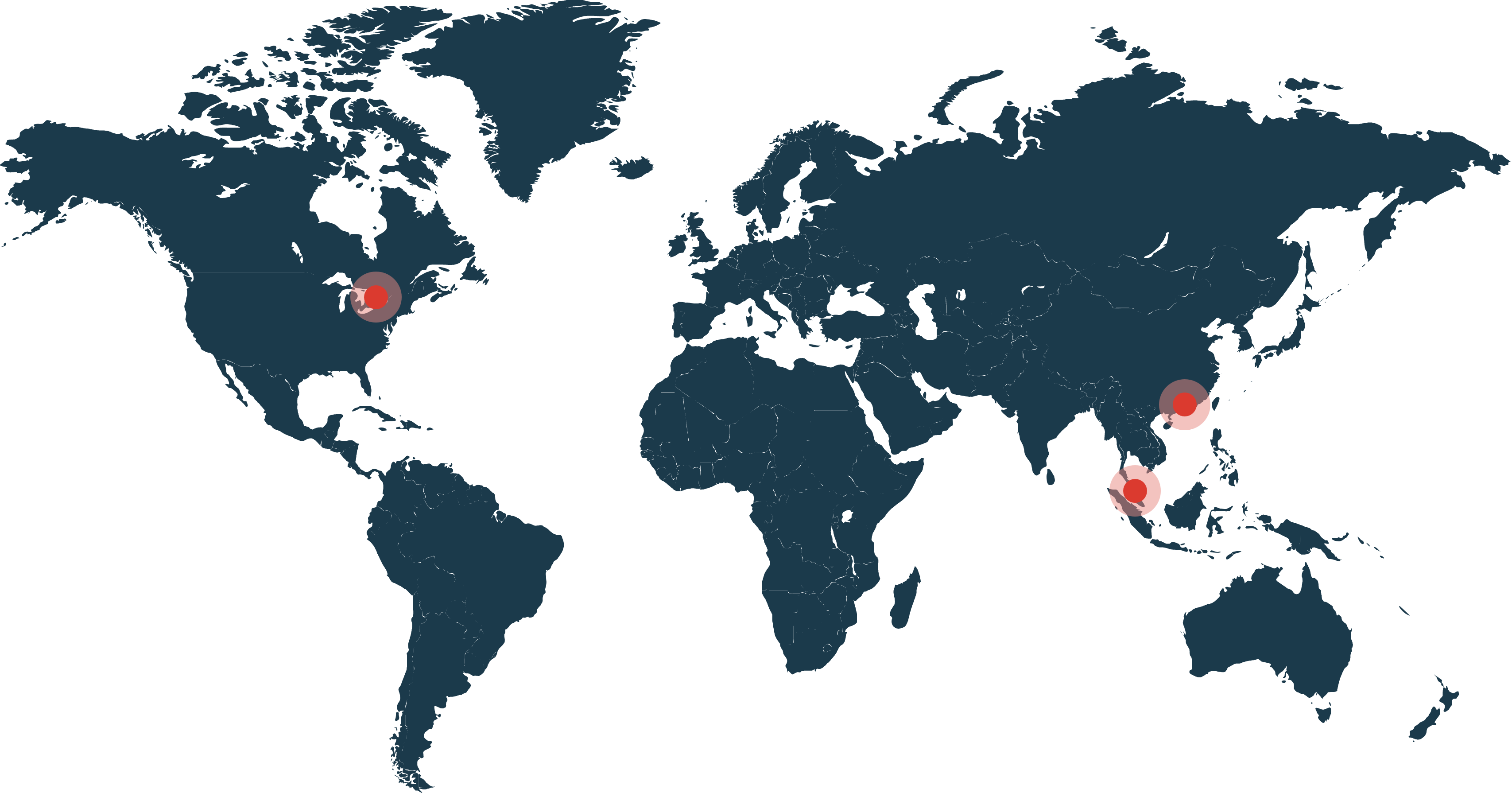 World map showing EDGE's geographic footprint — pins at Guelph, Shenzhen, Ipoh